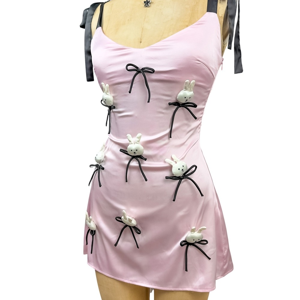 Y2K Coquette 3D Bunny Satin Mini Dress Ribbon Bow Tie Straps Whimsical Kawaii XS - Picture 5 of 9